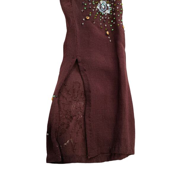 Phool Vintage Brown Sheer V-Neck Sequins & Beading Long Sleeve Hippie Boho Top S - Picture 8 of 13